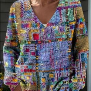 Multicolor Patchwork V-Neck Sweater